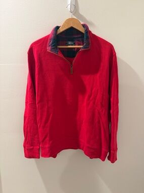 Lands' End Men's Red Half-Zip Sweater with Plaid Collar